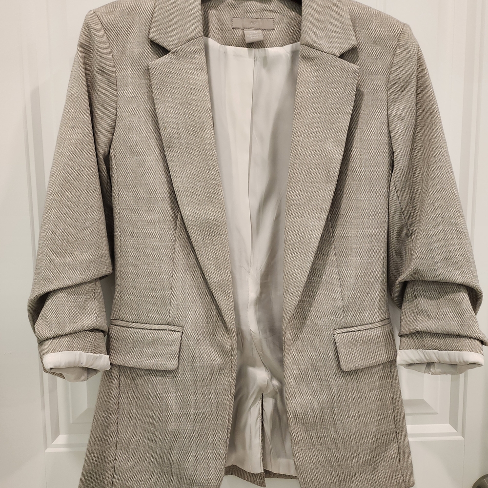 H&M Neutral Beige Textured Open Blazer – Lightweight Tailored Jacket